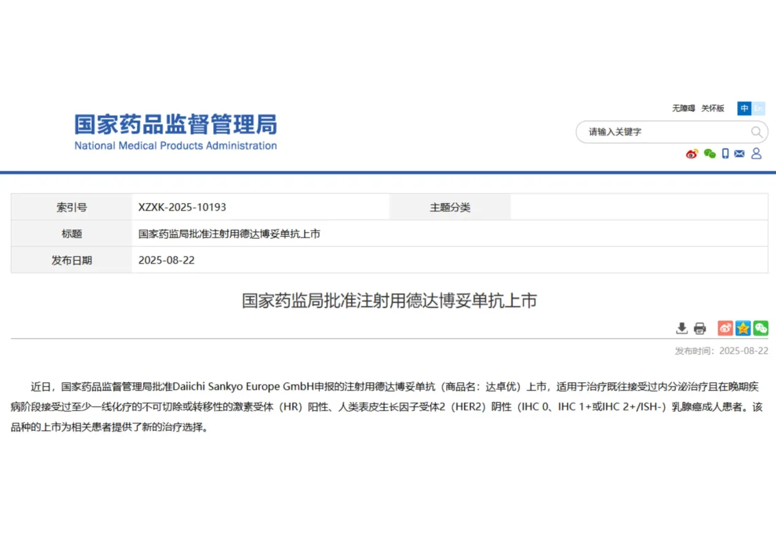 Landmark Approval: Datopotamab Deruxtecan Approval in China, Signaling a Major Shift in Breast Cancer Treatment Landscape 1 the national medical products administration (nmpa) has officially approved datopotamab deruxtecan injection