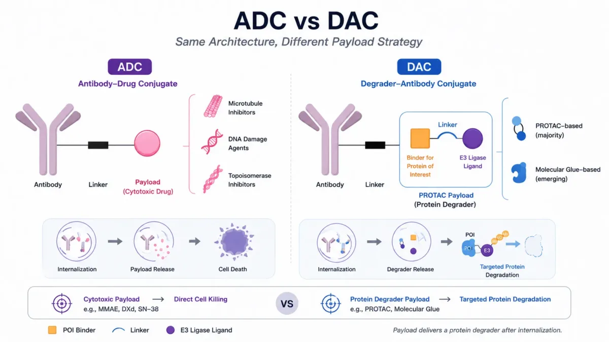 What Are Degrader-Antibody Conjugates (DACs)? Next-Generation ADC Technology and the Global Pipeline Landscape 1 comparison of antibody drug conjugates adcs and degrader antibody conjugates dacs