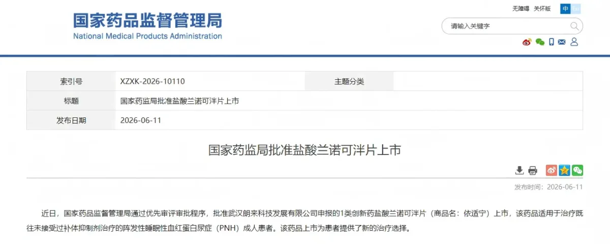 lanoracopan hydrochloride approved in china for paroxysmal nocturnal hemoglobinuria
